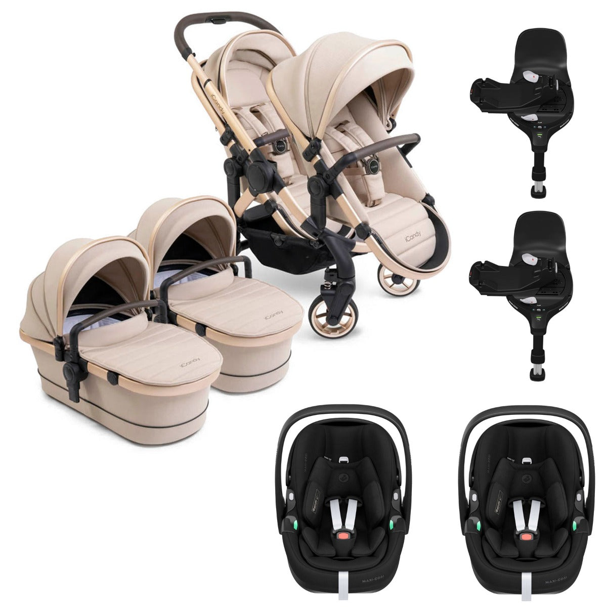 iCandy Peach 7 Twin Pushchair Travel System Bundle with Maxi-Cosi Pebble 360 Pro2 iSize Car Seat & Base - Biscotti 1