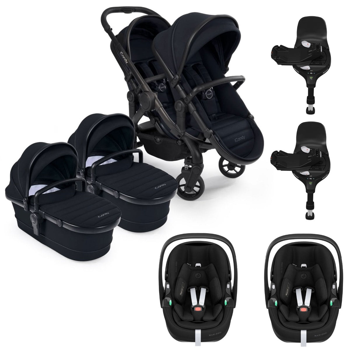 iCandy Peach 7 Twin Pushchair Travel System Bundle with Maxi-Cosi Pebble 360 Pro2 iSize Car Seat & Base - Black Edition 1