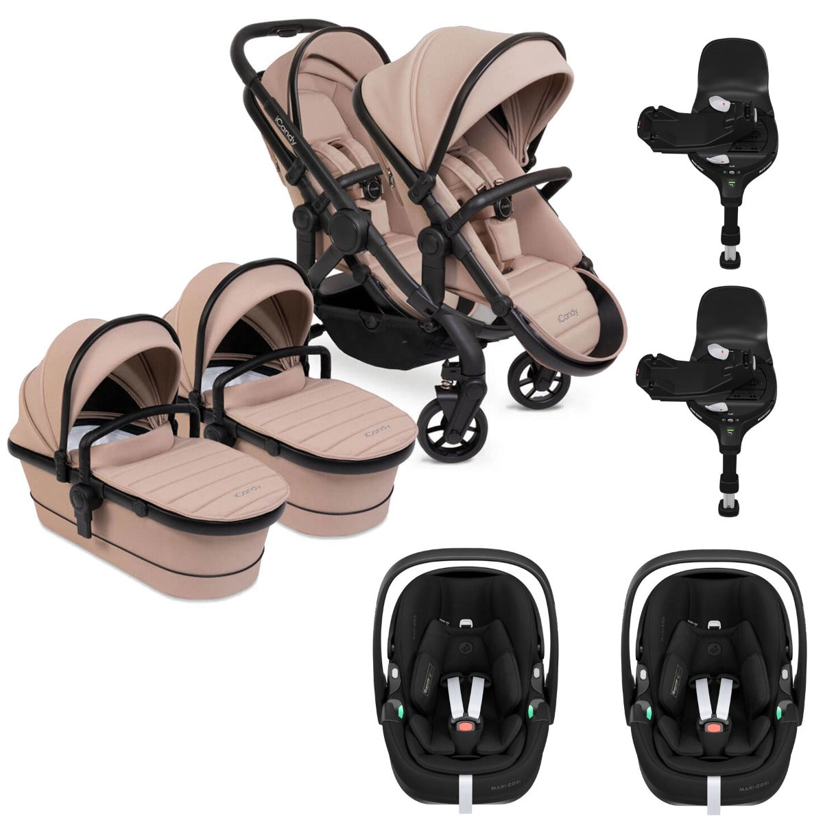 iCandy Peach 7 Twin Pushchair Travel System Bundle with Maxi-Cosi Pebble 360 Pro2 iSize Car Seat & Base - Cookie 1