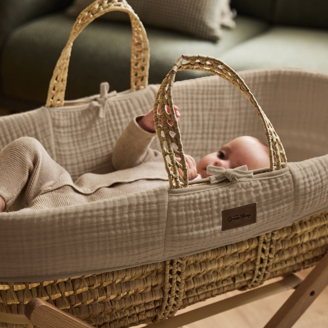 Little Green Sheep Cotton Muslin Moses Basket, Mattress & Walnut Rocking Stand Truffle