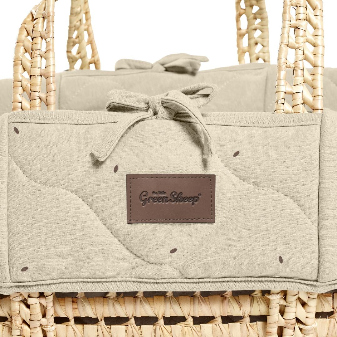 Little Green Sheep Organic Quilt Moses Basket, Mattress & Walnut Foldable Stand Linen with Cocoa Rice