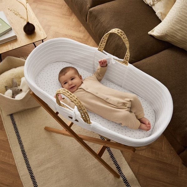 Little Green Sheep Organic Ripple Knit Moses Basket & Mattress White