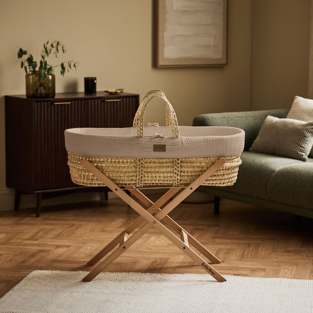Little Green Sheep Cotton Muslin Moses Basket, Mattress & Natural Foldable Stand Truffle