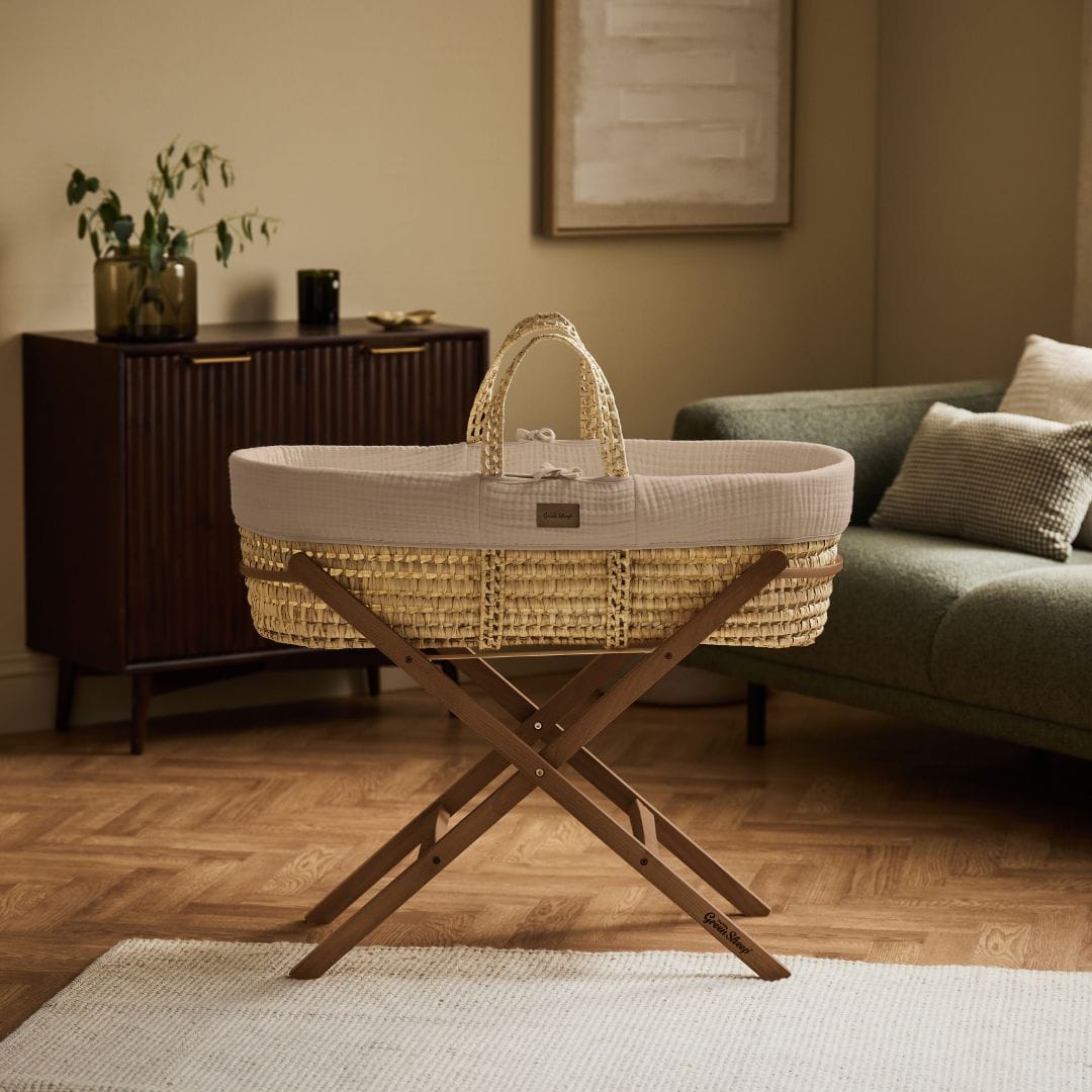 Little Green Sheep Cotton Muslin Moses Basket, Mattress & Walnut Foldable Stand Truffle