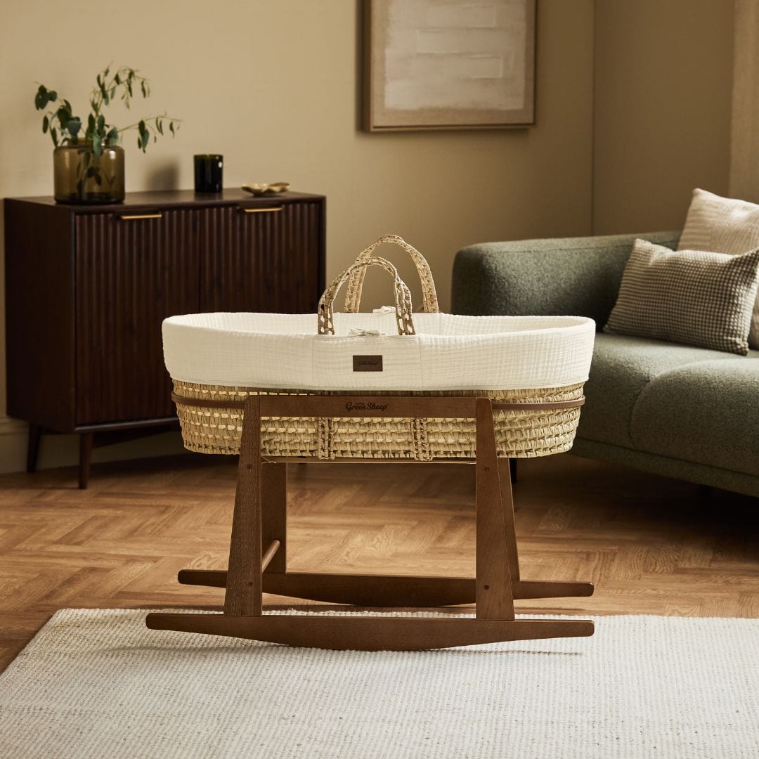 Little Green Sheep Cotton Muslin Moses Basket, Mattress & Walnut Rocking Stand Ecru
