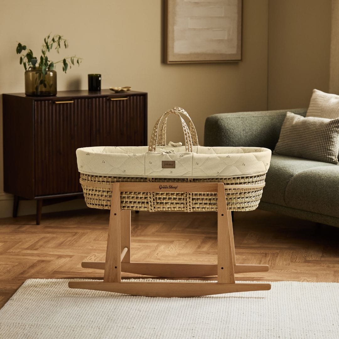 Little Green Sheep Organic Floral Quilt Moses Basket, Mattress & Natural Rocking Stand