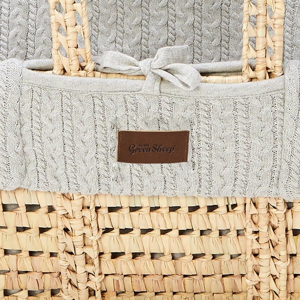 Little Green Sheep Organic Knitted Moses Basket, Mattress & Natural Foldable Stand Dove Grey