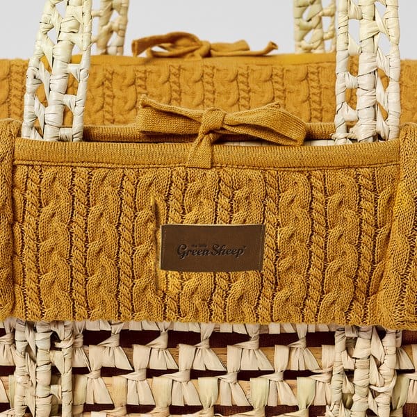 Little Green Sheep Organic Knitted Moses Basket, Mattress & Natural Foldable Stand Honey
