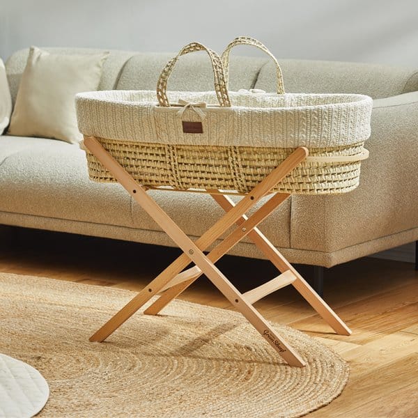 Little Green Sheep Organic Knitted Moses Basket, Mattress & Natural Foldable Stand Linen