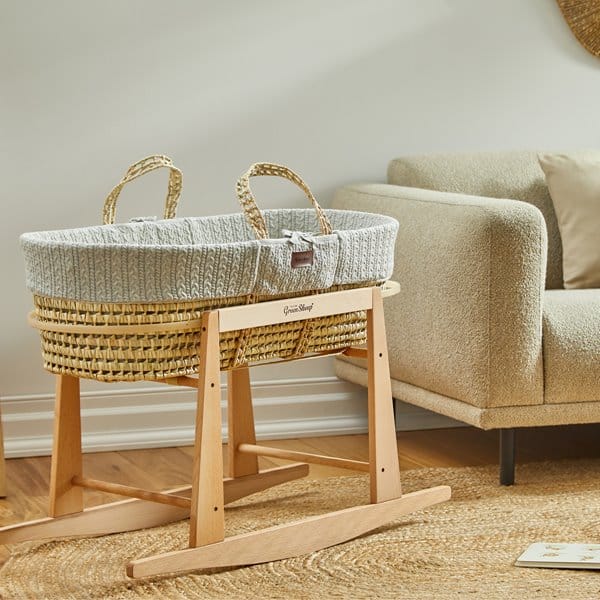 Little Green Sheep Organic Knitted Moses Basket, Mattress & Natural Rocking Stand Dove Grey