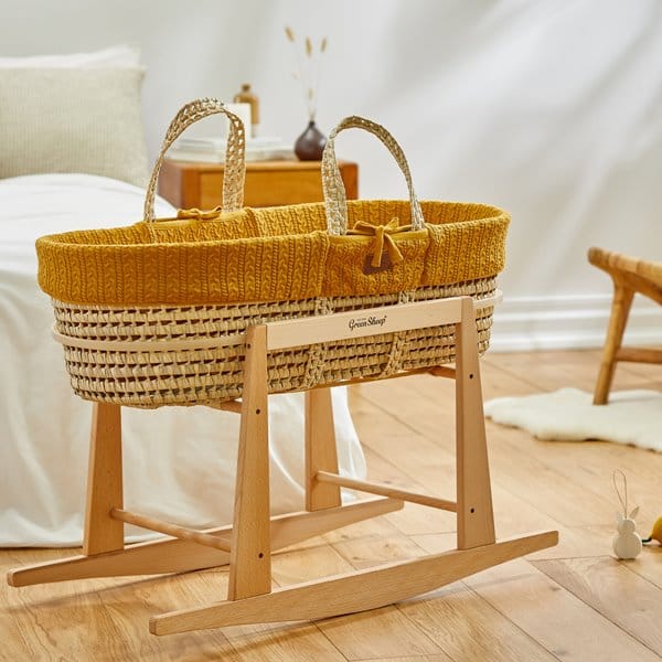 Little Green Sheep Organic Knitted Moses Basket, Mattress & Natural Rocking Stand Honey