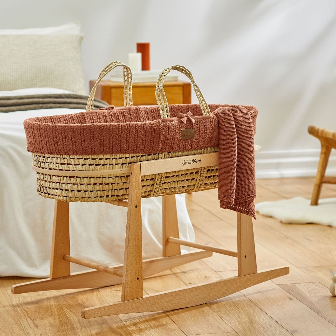 Little Green Sheep Organic Knitted Moses Basket, Mattress & Natural Rocking Stand Terracotta