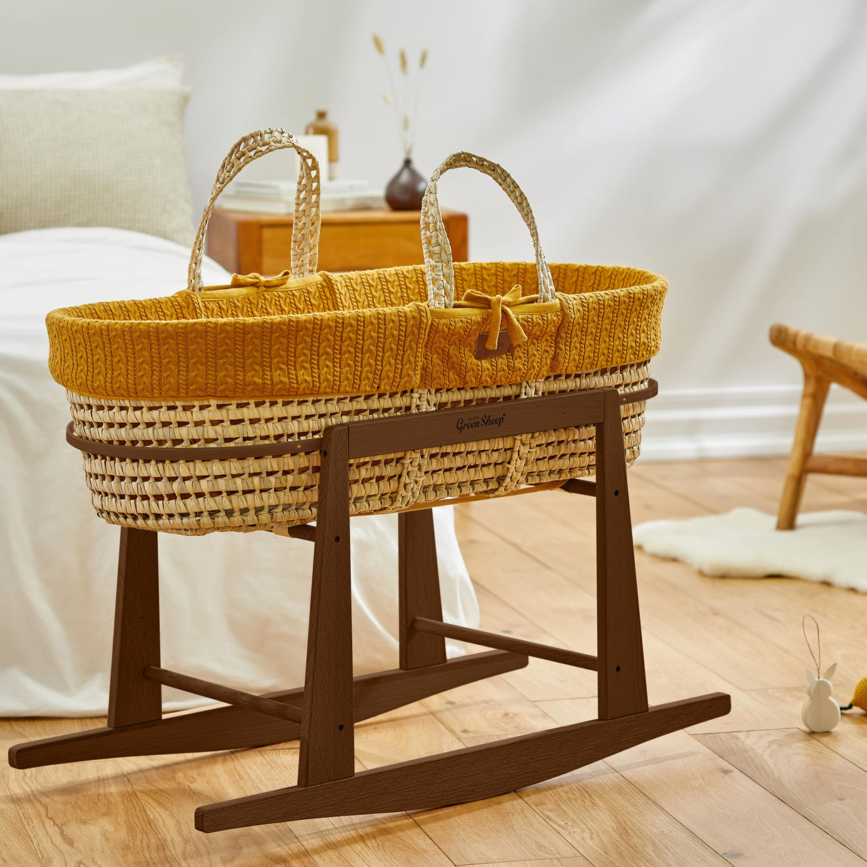 Little Green Sheep Organic Knitted Moses Basket, Mattress & Walnut Rocking Stand Honey