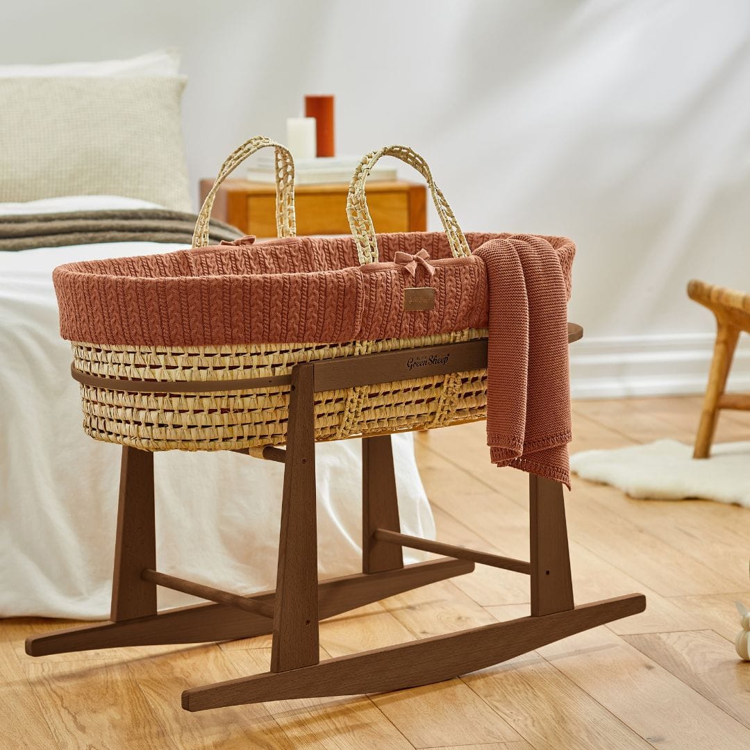 Little Green Sheep Organic Knitted Moses Basket, Mattress & Walnut Rocking Stand Terracotta