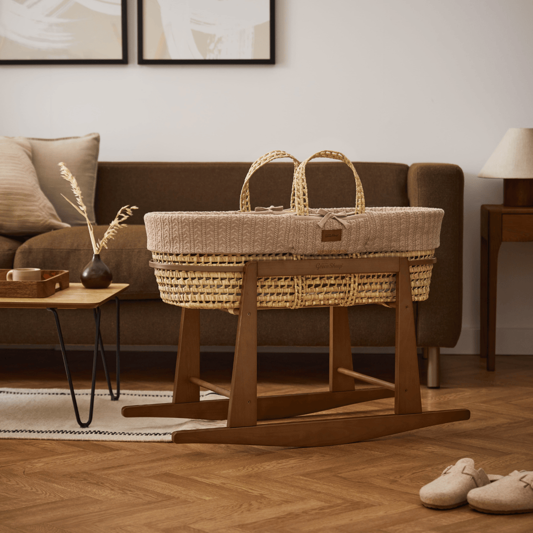 Little Green Sheep Organic Knitted Moses Basket, Mattress & Walnut Rocking Stand Truffle