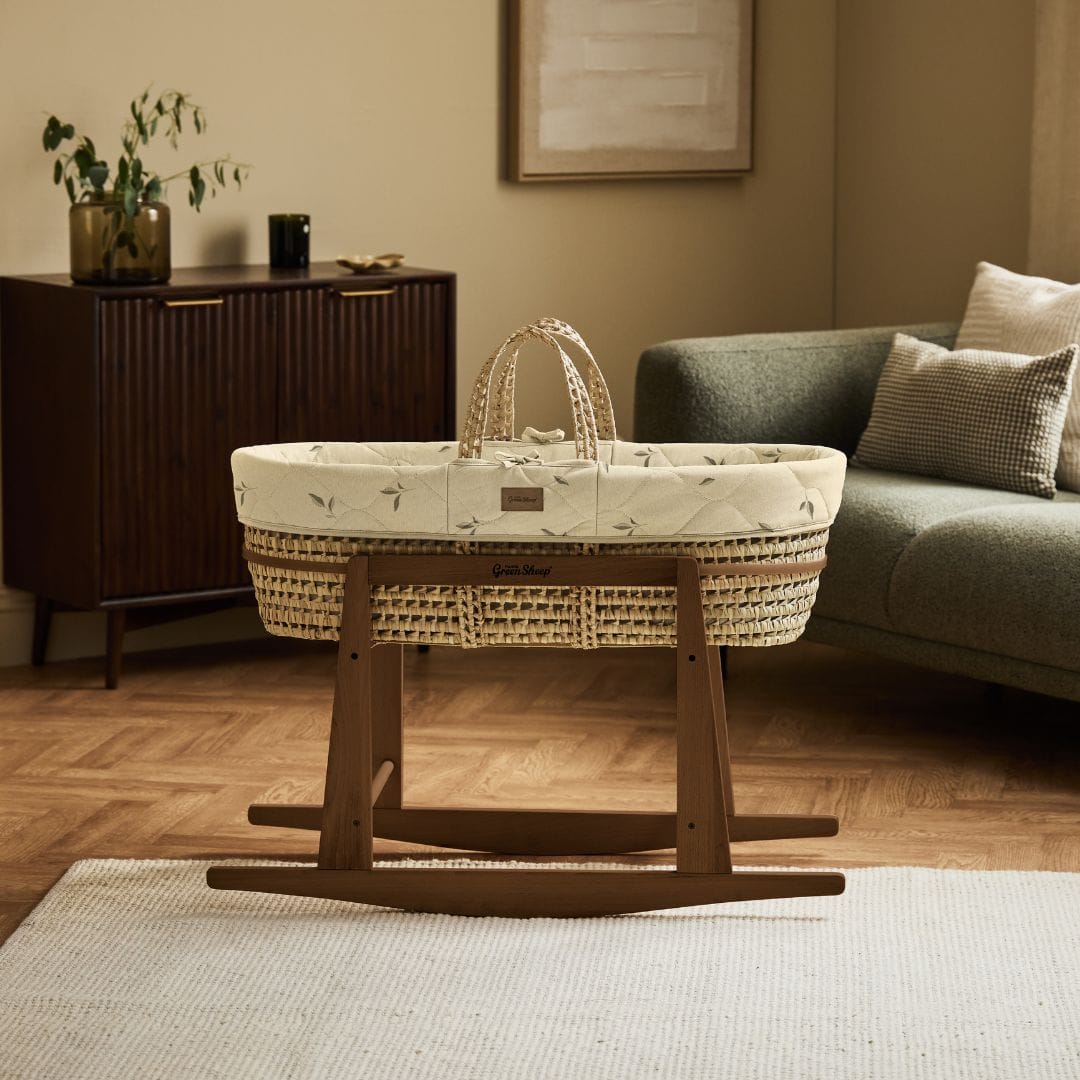 Little Green Sheep Organic Quilt Moses Basket, Mattress & Walnut Rocking Stand with Leaves