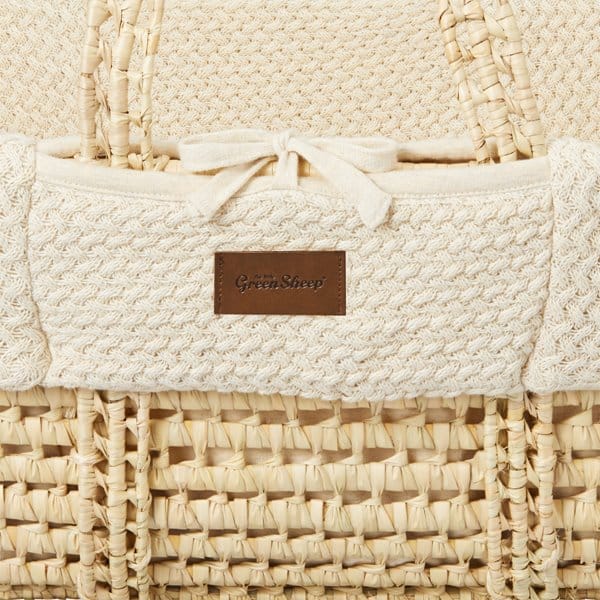 Little Green Sheep Organic Wheat Knit Moses Basket, Mattress & Natural Foldable Stand Linen