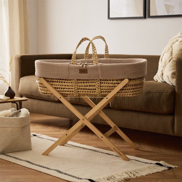 Little Green Sheep Organic Wheat Knit Moses Basket, Mattress & Natural Foldable Stand Truffle