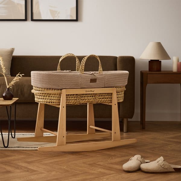 Little Green Sheep Organic Wheat Knit Moses Basket, Mattress & Natural Rocking Stand Truffle
