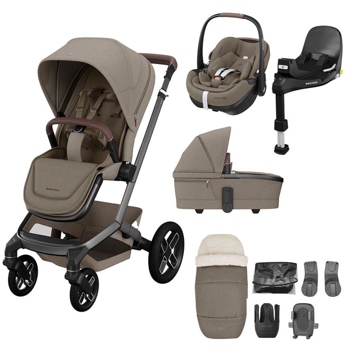Maxi-Cosi Fame Pebble 360 Pro 2 Premium 9 Piece Travel System Bundle - Twillic Truffle with Black Wheels 1
