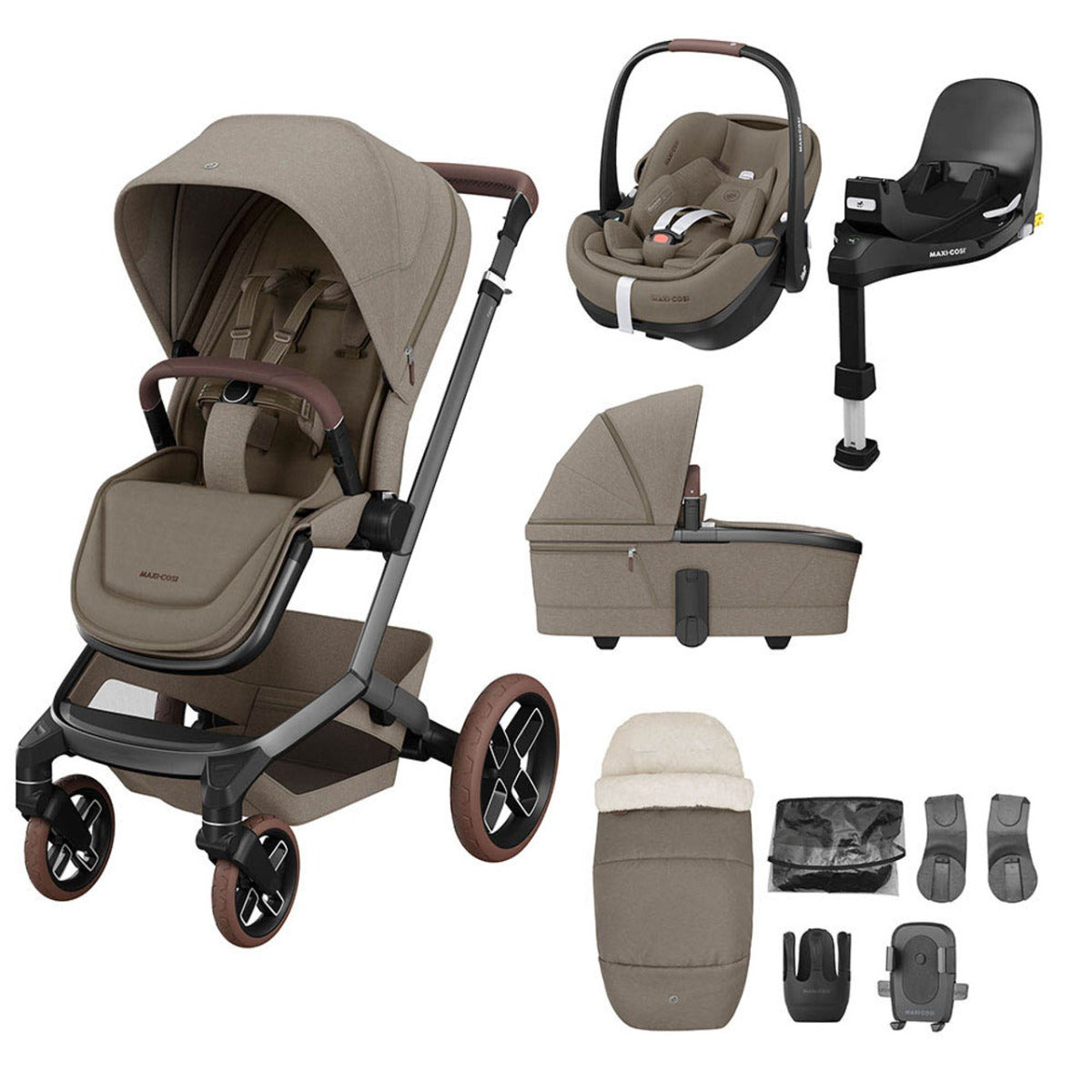 Maxi-Cosi Fame Pebble 360 Pro 2 Premium 9 Piece Travel System Bundle - Twillic Truffle with Brown Wheels 1