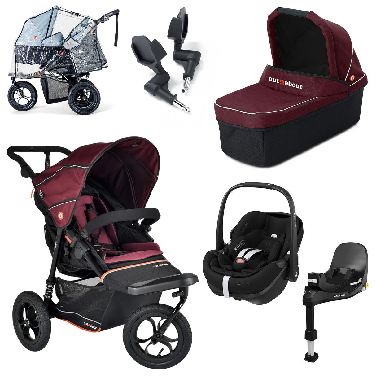 Out n About Nipper V6 Single Maxi-Cosi Pebble 360 Pro2 Newborn Bundle - Brambleberry Red 1