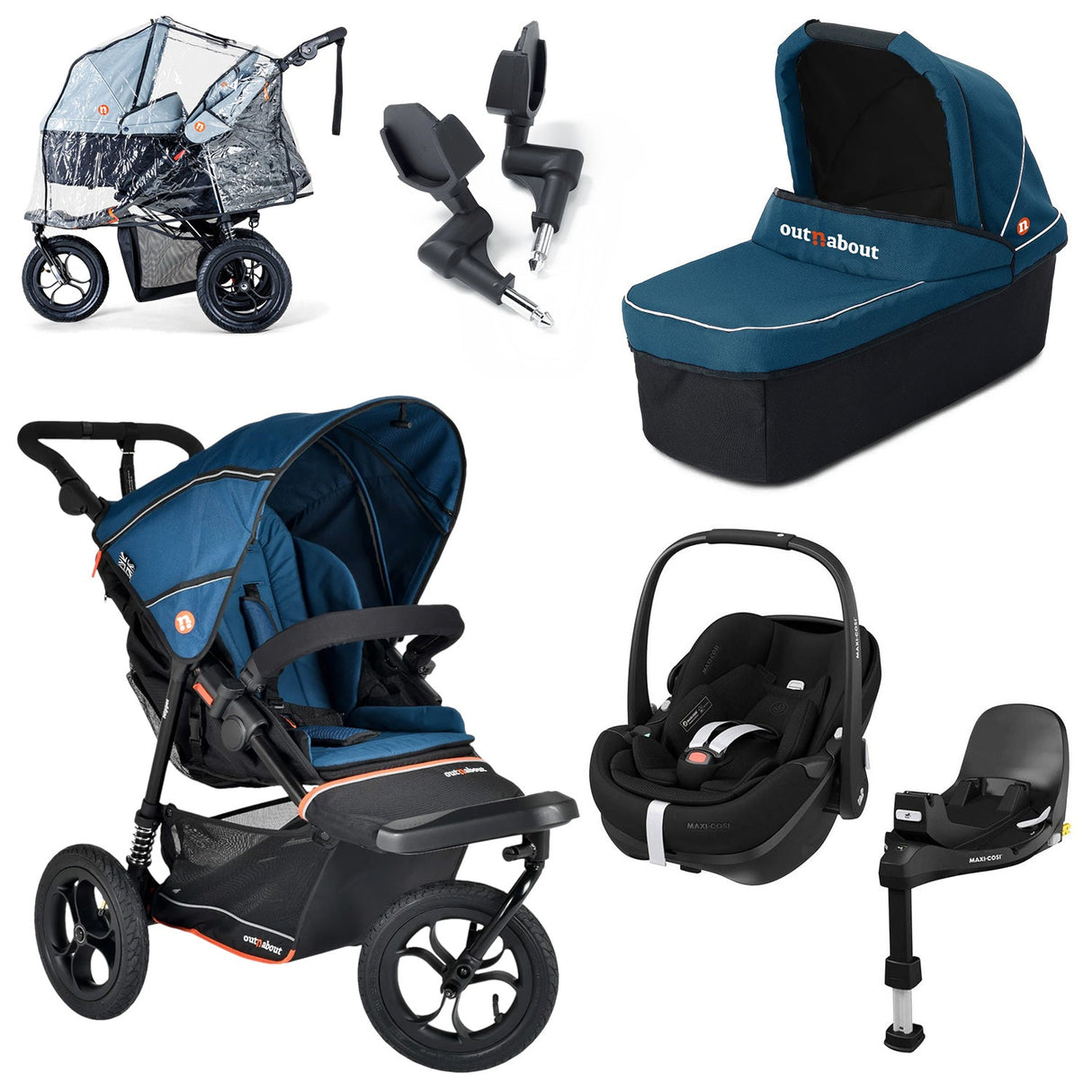 Out n About Nipper V6 Single Maxi-Cosi Pebble 360 Pro2 Newborn Bundle - Highland Blue 1