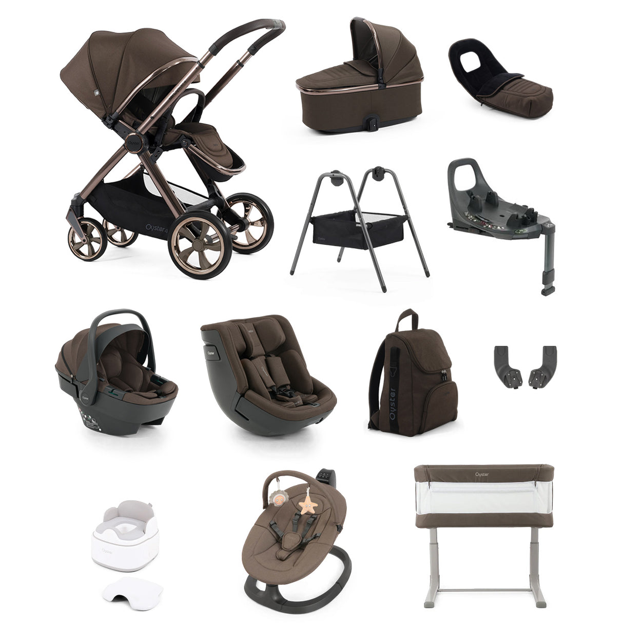 BabyStyle Oyster 4 Luxury 360 Car Seat & Nursery Essentials Bundle - Chocolate Velvet