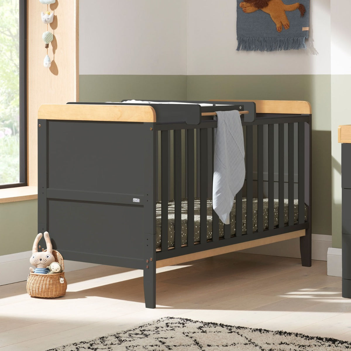 Tutti Bambini Rio Cot Bed with Cot Top Changer & Mattress - Slate Grey/Oak 1
