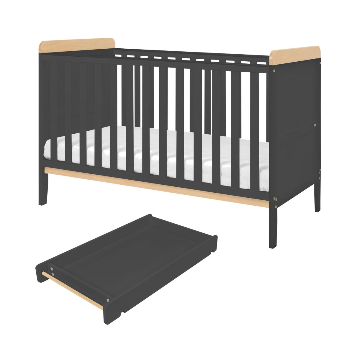 Tutti Bambini Rio Cot Bed with Cot Top Changer & Mattress - Slate Grey/Oak 2