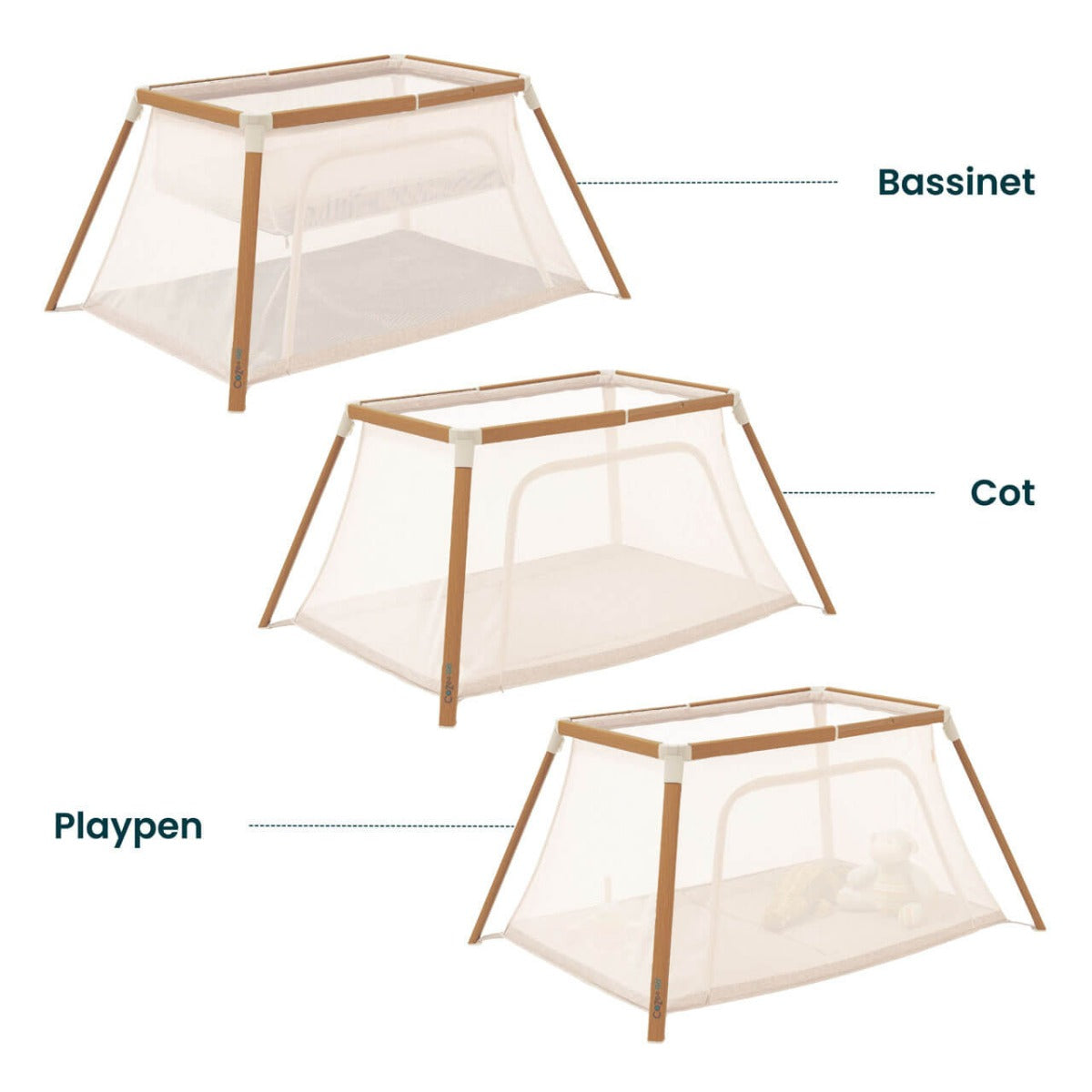 Tutti Bambini CoZee Go 3-in-1 Bassinet, Travel Cot & Playpen - Scandinavian Walnut/Ecru 7