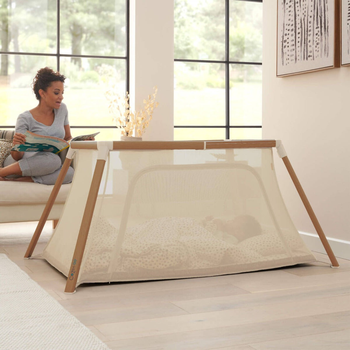 Tutti Bambini CoZee Go 3-in-1 Bassinet, Travel Cot & Playpen - Scandinavian Walnut/Ecru