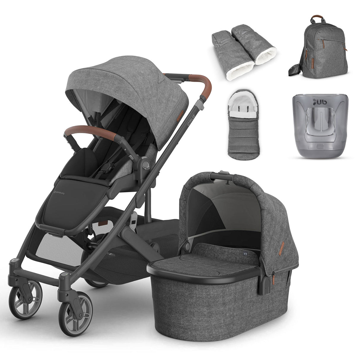 UPPAbaby Cruz V3 Pushchair, Carrycot & Accessory Bundle - Greyson