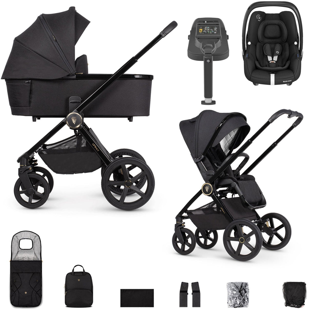 Venicci Upline 2 with Maxi-Cosi Cabriofix i-Size & Base Travel System Bundle - All Black 1