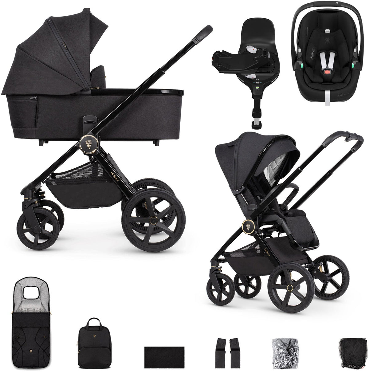 Venicci Upline 2 with Maxi-Cosi Pebble 360 Pro2 & Base Travel System Bundle - All Black 1