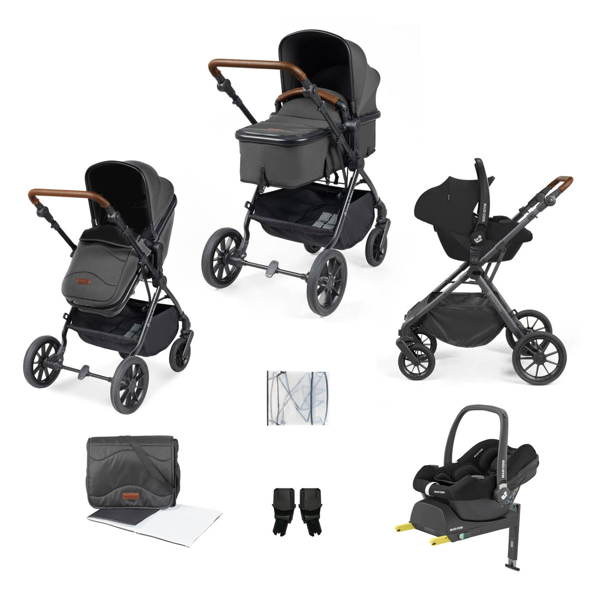 Ickle Bubba Cosmo 9 Piece Travel System with Maxi-Cosi CabrioFix i-Size Car Seat & Base - Black/Graphite Grey