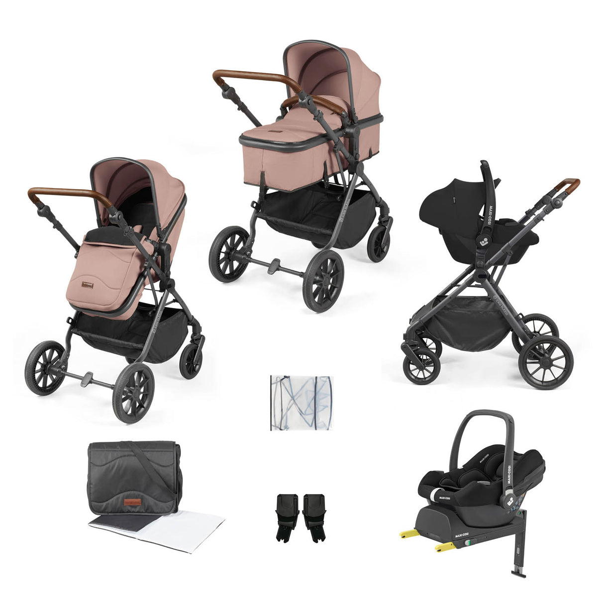 Ickle Bubba Cosmo 9 Piece Travel System with Maxi-Cosi CabrioFix i-Size Car Seat & Base - Gunmetal/Desert