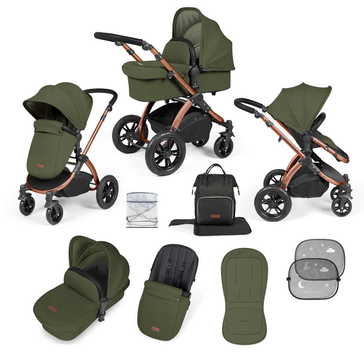 Ickle Bubba Stomp Luxe 9 Piece Pram Bundle - Bronze/Woodland/Black