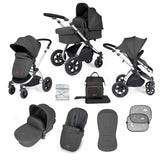 Ickle Bubba Stomp Luxe 9 Piece Pram Bundle - Silver/Charcoal Grey/Black