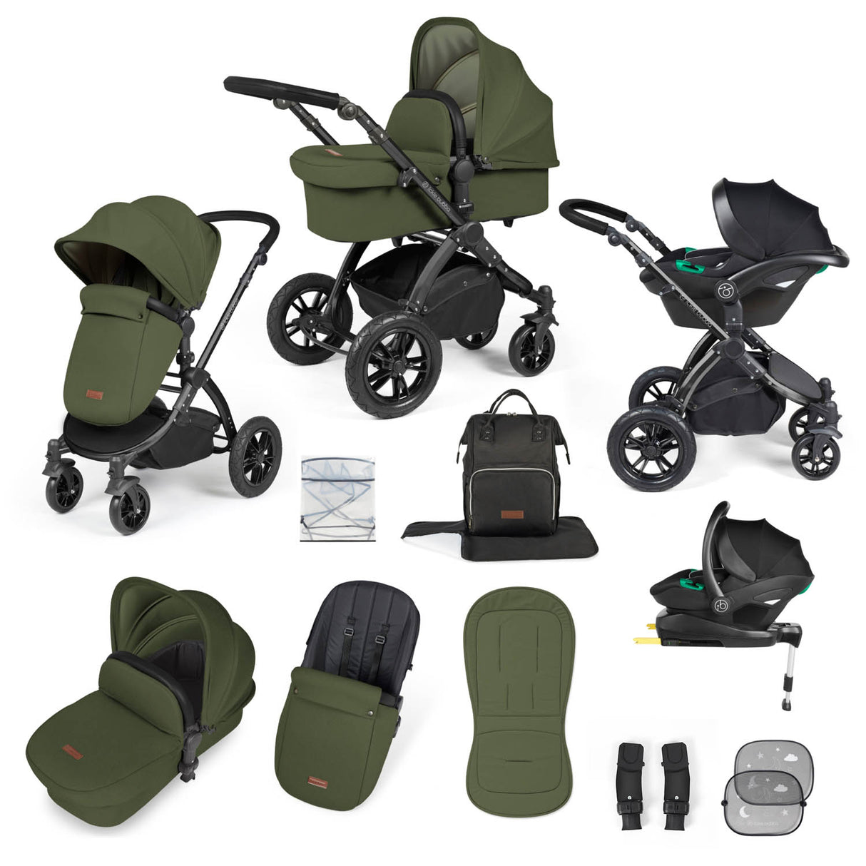 Ickle Bubba Stomp Luxe 12 Piece Travel System with i-Size Stratus Car Seat & Base - Black/Woodland/Black