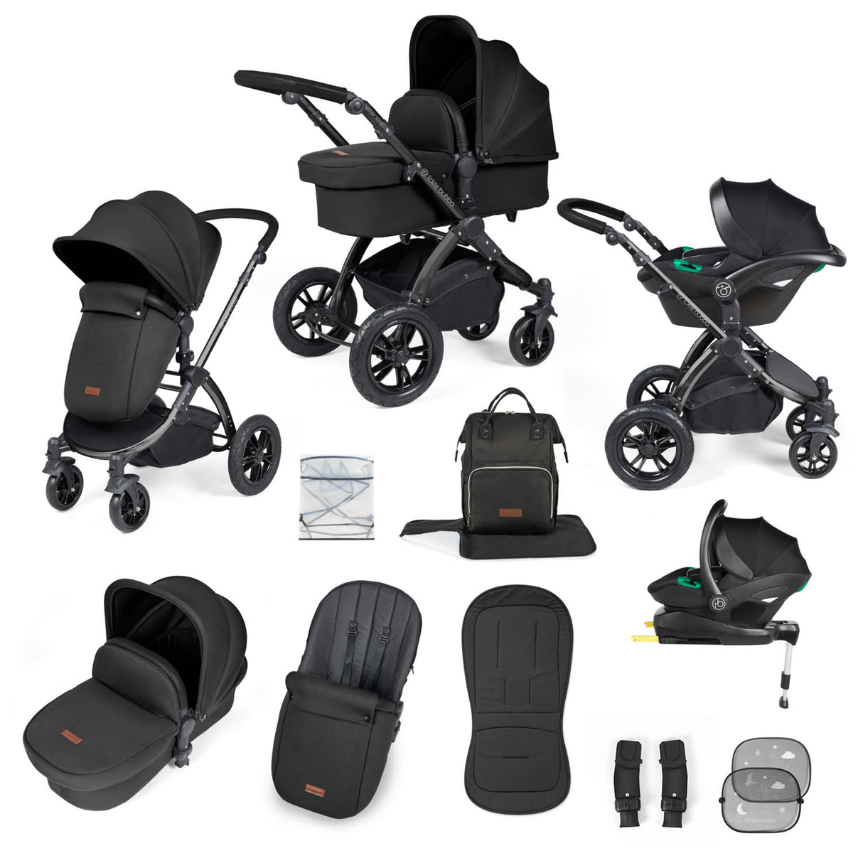 Ickle Bubba Stomp Luxe 12 Piece Travel System with i-Size Stratus Car Seat & Base - Black/Midnight/Black