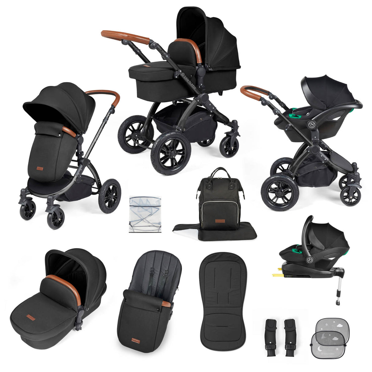 Ickle Bubba Stomp Luxe 12 Piece Travel System with i-Size Stratus Car Seat & Base - Black/Midnight/Tan