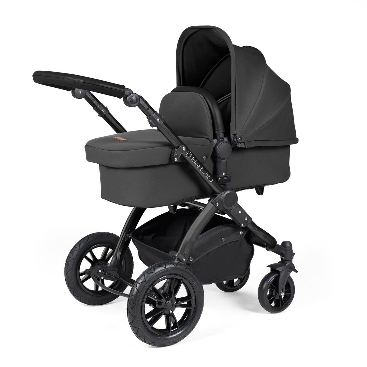 Ickle Bubba Stomp Luxe 12 Piece Travel System with i-Size Stratus Car Seat & Base - Black/Charcoal Grey/Black