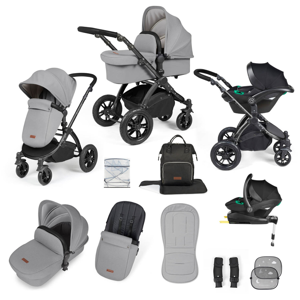 Ickle Bubba Stomp Luxe 12 Piece Travel System with i-Size Stratus Car Seat & Base - Black/Pearl Grey/Black