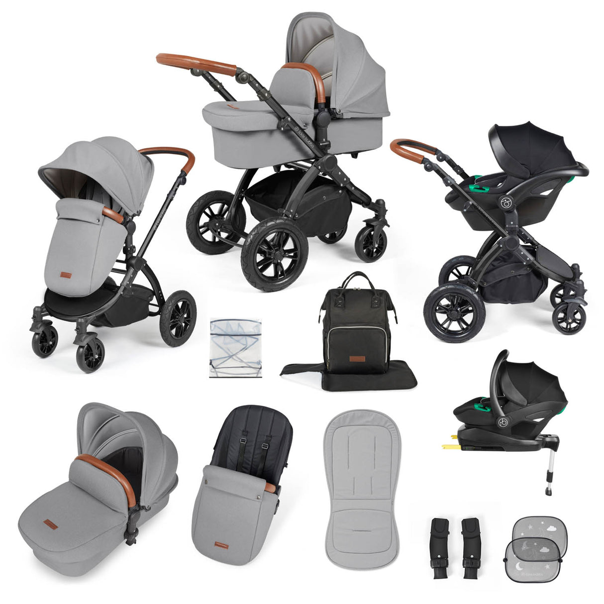 Ickle Bubba Stomp Luxe 12 Piece Travel System with i-Size Stratus Car Seat & Base - Black/Pearl Grey/Tan