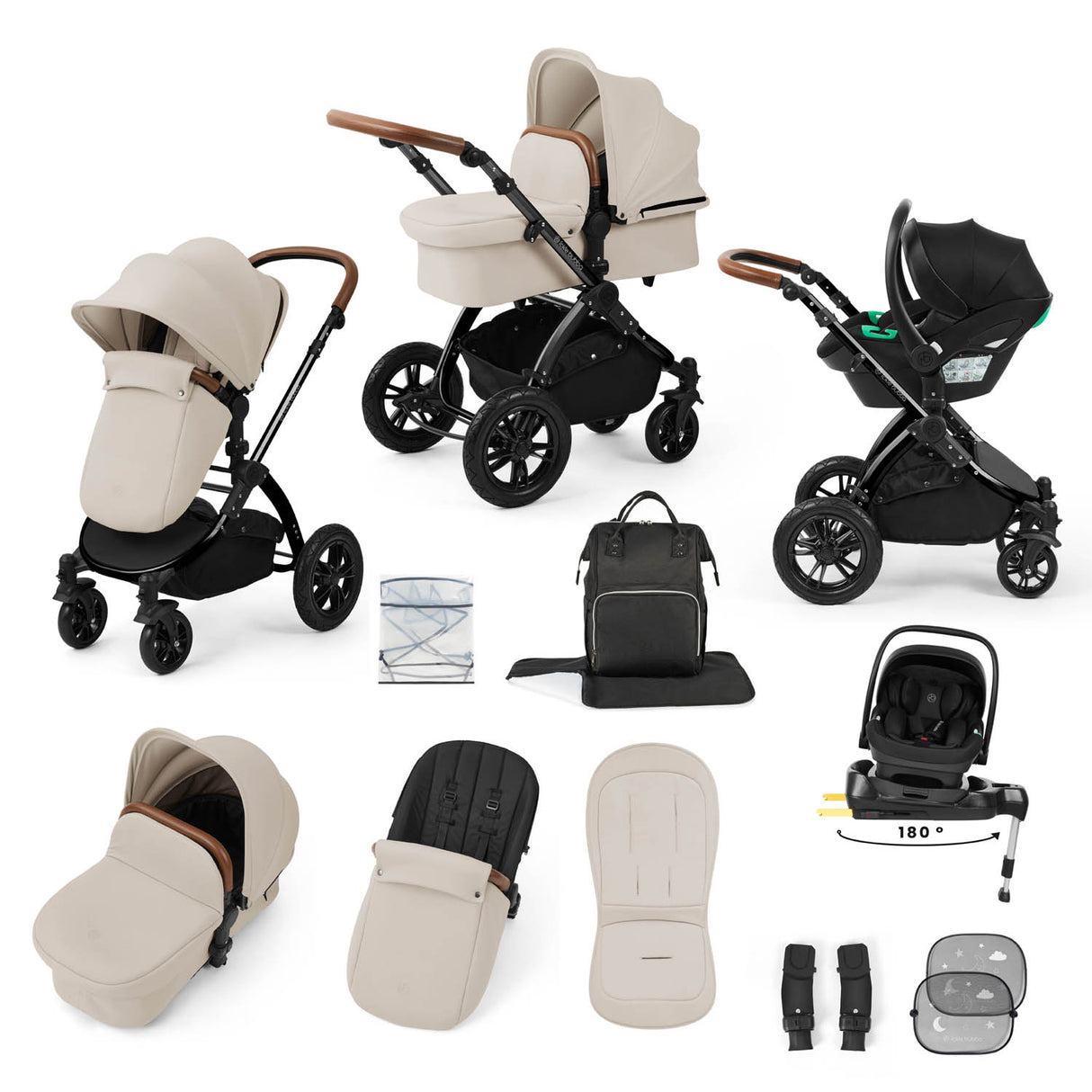 Ickle Bubba Stomp Luxe 12 Piece Travel System with i-Size Nimbus Car Seat & Spin Base - Black/Stone/Tan