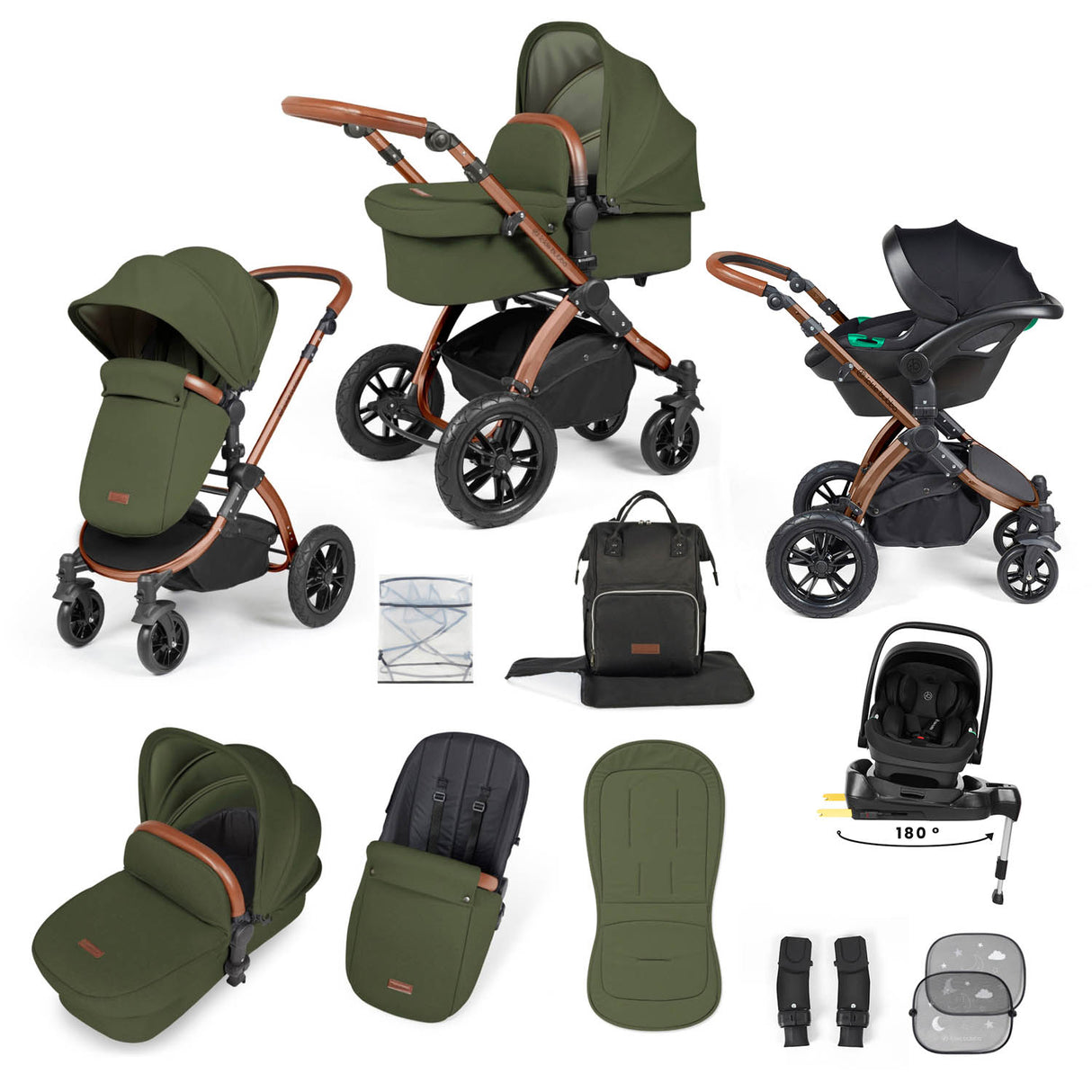Ickle Bubba Stomp Luxe 12 Piece Travel System with i-Size Nimbus Car Seat & Spin Base - Bronze/Woodland/Tan