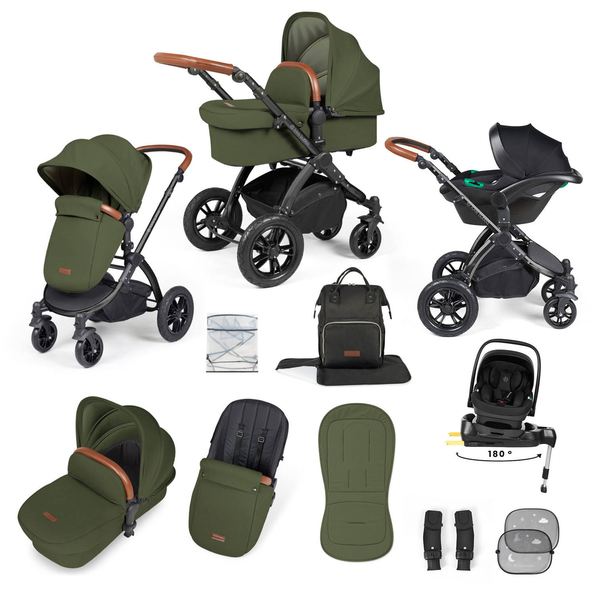 Ickle Bubba Stomp Luxe 12 Piece Travel System with i-Size Nimbus Car Seat & Spin Base - Black/Woodland/Tan