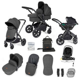 Ickle Bubba Stomp Luxe 12 Piece Travel System with i-Size Nimbus Car Seat & Spin Base - Black/Charcoal Grey/Black