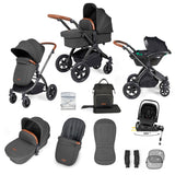 Ickle Bubba Stomp Luxe 12 Piece Travel System with i-Size Nimbus Car Seat & Spin Base - Black/Charcoal Grey/Tan